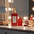Maison Alhambra Philos Rosso — Red perfume bottle and box on a vanity table with a makeup brush, ring box, and mirror.