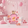 Maison Alhambra Rose Origami — Pink perfume bottle with gold cap, surrounded by pink origami cranes and roses, on a pink table with paper decorations and coffee cups.