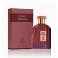 Maison Alhambra Rose Origami — A red striped box and a matching red glass perfume bottle with a gold cap, set against a white background.