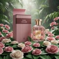 Maison Alhambra Rose Origami — Pink perfume bottle and box surrounded by paper roses and lush green foliage, with a gold cap on the bottle.