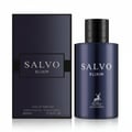 Maison Alhambra Salvo Elixir — Botol minyak wangi biru gelap dan kotak sepadan, kedua-duanya menampilkan teks perak dan logo rusa.