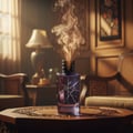 Maison Alhambra Salvo Elixir oleh Maison Alhambra – 60 ml untuk Lelaki, botol minyak wangi kaca ungu berkeretakan, mengeluarkan asap, diletakkan di atas meja kayu berukir dalam bilik malap gaya vintaj dengan lampu dan kerusi.