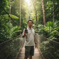Maison Alhambra Salvo Intense 100ml EDP — Man holding a bottle of Salvo Intense perfume on a suspension bridge in a lush green forest.