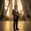 Maison Alhambra Salvo Intense by Maison Alhambra 100ml EDP — Man in a grey suit holding a dark perfume bottle in front of the Petronas Twin Towers at sunset.