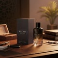 Maison Alhambra Salvo by Maison Alhambra For Him 100ml — Dark glass perfume bottle and matching box on a leather desk with pens, a cigar box, and books.