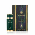 Maison Alhambra Sceptre Malachite — Green bottle with gold accents and cap, next to its matching dark green and gold striped box, on a white background.