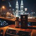 Maison Alhambra Smoked Oud & Vanilla by Maison Alhambra 100ml EDP — Perfume bottle and box displayed on a car dashboard at night with city skyscrapers in the background.