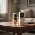 Maison Alhambra Smoky by Maison Alhambra 100ml EDP Unisex — A clear glass perfume bottle with amber liquid and a black cap, emitting wisps of smoke, sits on a wooden table next to its cylindrical packaging.