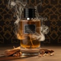 Maison Alhambra Smoky by Maison Alhambra 100ml EDP Unisex — A glass perfume bottle with amber liquid, surrounded by wisps of smoke and resting on a surface with cinnamon sticks and wood shavings.