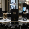 Maison Alhambra Smoky Touch by Maison Alhambra 80ml EDP — Black textured box with gold deer logo and text 'SMOKY TOUCH EAU DE PARFUM' stands on a black marble surface, with two perfume bottles in the background.