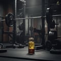 Maison Alhambra Smoky Touch by Maison Alhambra 80ml EDP — A glass perfume bottle with yellow and red liquid sits on a gym floor, surrounded by weightlifting equipment like barbells and weight plates.