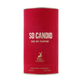 Maison Alhambra So Candid Eau de Parfum — A red cylindrical perfume box with gold text and a gold deer logo.