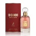 Maison Alhambra So Candid by Maison Alhambra 100 ml EDP — Red cylindrical box with gold text and deer logo next to a clear glass perfume bottle with pink liquid and gold accents