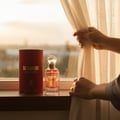 Maison Alhambra So Candid by Maison Alhambra 100 ml EDP — A red cylindrical box and a clear glass perfume bottle with a gold cap sit on a wooden surface by a window, with hands pulling back a sheer curtain.