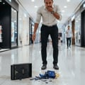 Maison Alhambra Spectrum by Maison Alhambra 100ml EDP Men — Man looking shocked at a shattered blue perfume bottle and its box on a mall floor.