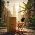 Maison Alhambra Terra – A glass perfume bottle with orange and purple petals scattered around it, placed next to its golden box on a cobblestone street with palm trees and city buildings in the background.
