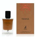 Maison Alhambra Terra by Maison Alhambra – 50 ml Unisex, featuring a clear glass perfume bottle with amber liquid and a black cap, alongside its brown cardboard packaging with a red tree root design.