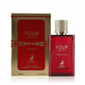 Maison Alhambra Tobacco Your Touch – Red glass perfume bottle and matching gold and red box with deer emblem, 100ml.