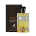Maison Alhambra Toro Pour Homme — Clear glass perfume bottle with yellow liquid, silver textured cap, and a black box with orange text and a deer logo.