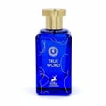 Maison Alhambra True Word by Maison Alhambra 100ml EDP — A rectangular blue glass perfume bottle with a gold cap, featuring white line art and the brand logo.