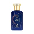 Maison Alhambra True Word by Maison Alhambra 100ml EDP — A rectangular dark blue perfume bottle with a gold cap, featuring gold line art and text 'TRUE WORD' and a deer silhouette.