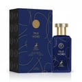 Maison Alhambra True Word by Maison Alhambra 100ml EDP — Blue perfume bottle with gold cap next to its matching blue and gold patterned box, featuring a deer emblem.