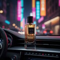 Maison Alhambra The Tux by Maison Alhambra 90ml EDP for Men — A clear glass perfume bottle with golden liquid sits on a car dashboard at night, with blurred city lights in the background.