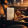 Maison Alhambra Victorioso Heroic by Maison Alhambra 100ml — A gold-accented perfume bottle and its box sit on a car's center console at night, with city lights blurred in the background.