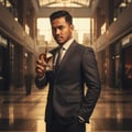 Maison Alhambra Victorioso Heroic by Maison Alhambra 100ml — Man in a suit holding a gold and brown geometric perfume bottle in a modern indoor mall hallway.