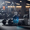 Maison Alhambra Victorioso Legend oleh Maison Alhambra 100 ml untuk Lelaki — Botol minyak wangi biru dengan lambang bersayap, diletakkan di atas lantai gimnasium bersama dumbbell, tali skipping, dan botol shaker.