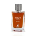 Maison Alhambra Your Touch Intense — Clear glass perfume bottle with amber liquid, silver ribbed cap, and white deer logo with text.