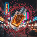 Maison Alhambra Your Touch Intense by Maison Alhambra 100ml — A clear glass perfume bottle with amber liquid, surrounded by red berries, with a blurred neon-lit city street background.