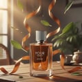 Maison Alhambra Your Touch Intense by Maison Alhambra 100ml — Amber glass perfume bottle with silver ribbed cap, surrounded by floating green leaves and flowing copper ribbon on a wooden table.