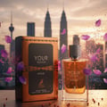 Maison Alhambra Your Touch Intense by Maison Alhambra 100ml — Perfume bottle and box with petals and confetti against a city skyline at sunset.