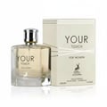 Maison Alhambra Your Touch Women — Clear glass perfume bottle with silver cap and light yellow liquid, next to its cream and silver striped box with a deer logo.