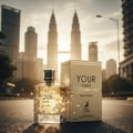 Maison Alhambra Your Touch Women by Maison Alhambra – 100 ml perfume bottle and box displayed on a wet street with skyscrapers and towers in the background during sunset.