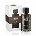 Mood Perfume Aroma Mood 100ml EDP Unisex — Kotak putih bercorak abstrak coklat di sebelah botol minyak wangi kaca coklat bertutup hitam, kedua-duanya berlabel "MOOD AROMA".