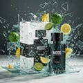 Mood Perfume Mood Pure For Him – 100 ml for Men, with a white box, black and teal patterned bottle, surrounded by splashing water, shattered glass, lemons, and limes.