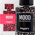 Mood Perfume Mood Pretty For Her 100 ml EDP — Close-up of a black perfume bottle with a black and pink abstract pattern, and the text "MOOD eau de Parfum PRETTY" on the label. A blurred pink box with the same pattern and "MOOD PRETTY" text is visible in the background.