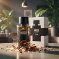 Mood Perfume Mood Pure For Him – 100 ml for Men, a glass perfume bottle with a black cap and intricate gold pattern, placed on a table with scattered amber crystals, next to its matching white and black box.