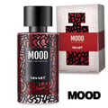 Mood Perfume Mood Velvet For Her 100 ml EDP — Botol minyak wangi corak merah hitam dengan penutup hitam berdiri sebelah kotak sepadan. Kotak ada jalur merah dengan nama produk.