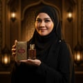 Nafahat Oud Maluky by Nafahat 100ml Unisex — Wanita bertudung hitam pegang kotak bertekan emas dan botol minyak wangi kaca bertutup emas