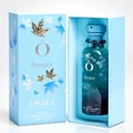 Osma Osma Bonjour Oriental Blossoms 150ml EDP — Kotak biru muda dengan rekaan daun maple dan aksen emas, terbuka memaparkan botol minyak wangi teal dengan rekaan daun serupa dan penutup biru.