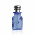 Osma Osma Citrus F 75ml Eau de Parfum - Fruity & Rose — A clear blue glass perfume bottle with a silver cap, decorated with dark blue rose outlines, set against a white background with a reflection.