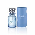 Osma Osma Citrus F 75ml Eau de Parfum - Fruity & Rose — A clear glass perfume bottle with a silver cap and blue rose accents, standing next to its matching blue cylindrical box with rose designs.