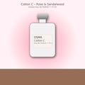 Osma Cotton C Rose & Sandalwood 75ml — White perfume bottle with a light grey cap, featuring a cream label with black text: OSMA, Cotton C, Eau de Parfum, 75 n. The bottle is centered against a soft pink gradient background with a brown base.