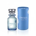 Osma Flowers W Osma Sandalwood 75ml — A clear glass perfume bottle with a silver cap and blue floral accents, standing next to its blue cylindrical packaging with matching floral designs.