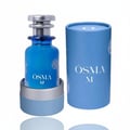 Osma Osma M Pineapple & Vanilla 150ml EDP — Blue glass perfume bottle with silver and blue cap, presented in a matching blue cylindrical box with white floral accents.