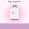 Osma White F Berries & Flowers 75ml EDP — Botol minyak wangi putih bertutup kelabu, ada label 'OSMA White F Eau de Parfum 75 ml', latar belakang gradien merah jambu lembut dengan tapak ungu bertekstur.