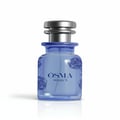 Osma Woody S Mango Leather 75ml EDP — Blue glass perfume bottle with silver cap, decorated with blue rose outlines, on a white background with reflection.